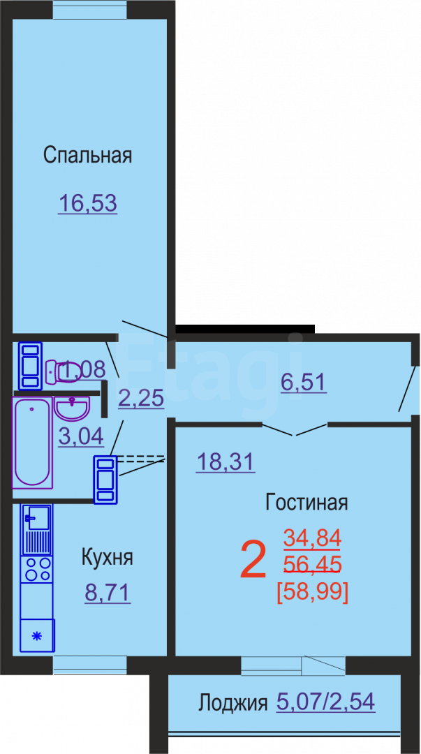 Продажа 2-комнатной новостройки, Челябинск, Новороссийская ул,  25а