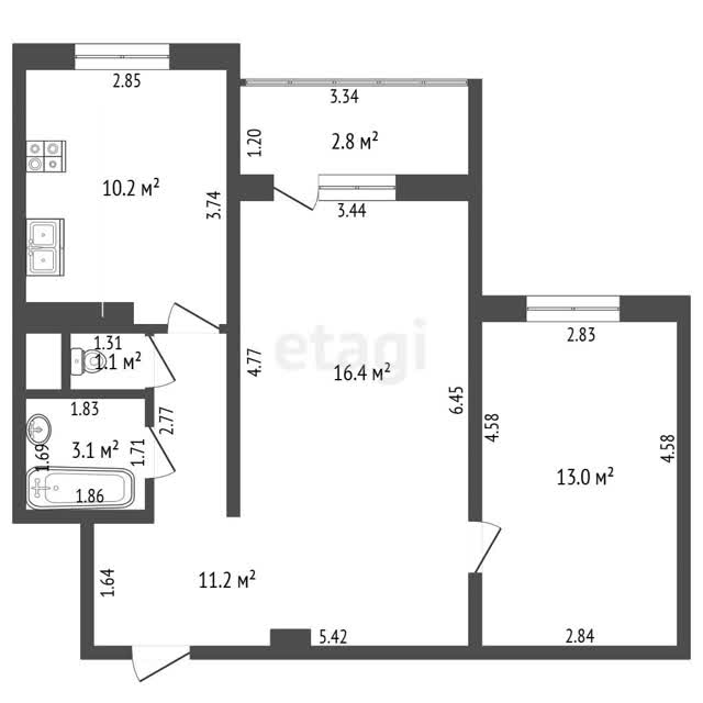 3-комн. квартира, 57.8 м², в Минск
