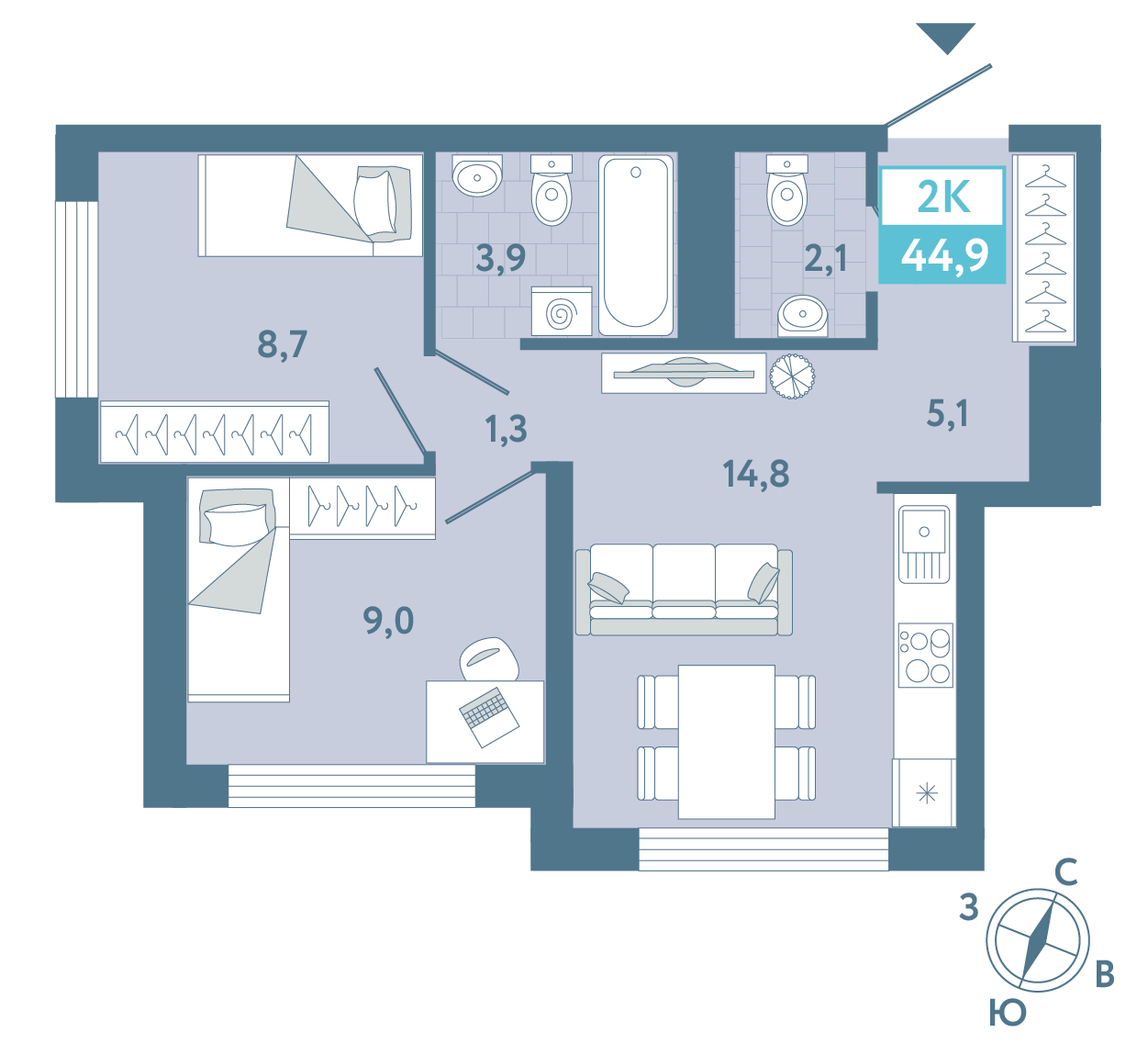 Планировка: Евродвушка 44.8 м² в ЖК AIRIS, Комарово Парк