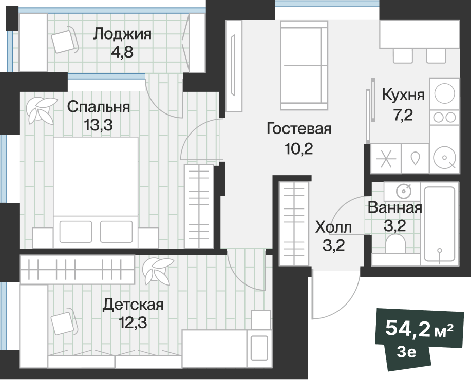 Планировка: Евротрешка 51.8 м² в ЖК Эклипт, Рощино