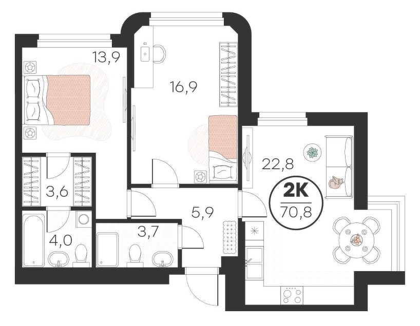 Планировка: Евротрешка 70.8 м² в ЖК Добро, 5-й Заречный