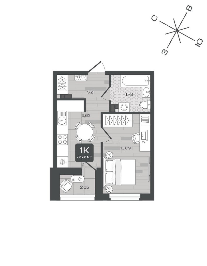 Планировка: 1-комнатная 35.4 м² в ЖК Дабл-Дабл, От Слободы до Комарово парк