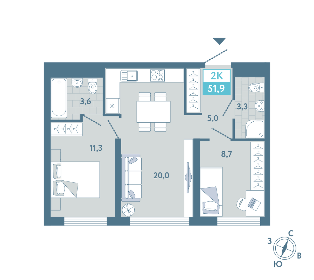 Планировка: Евротрешка 51.9 м² в ЖК AIRIS, Комарово Парк