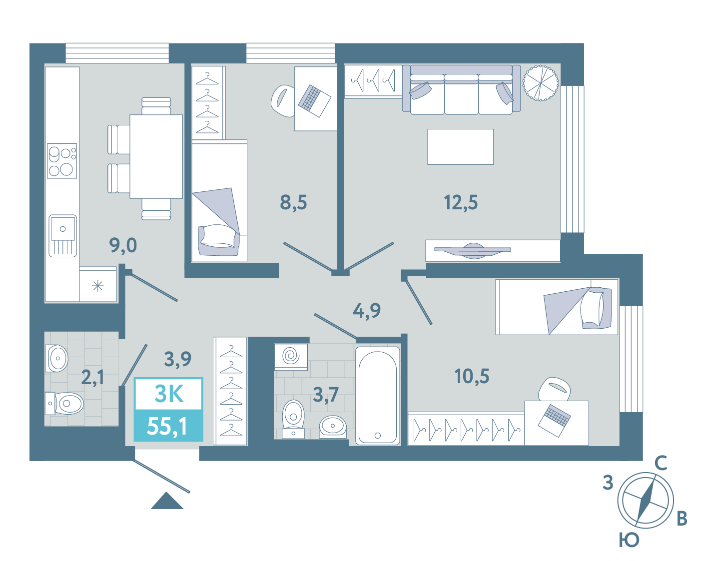 Планировка: Евротрешка 55.5 м² в ЖК AIRIS, Комарово Парк