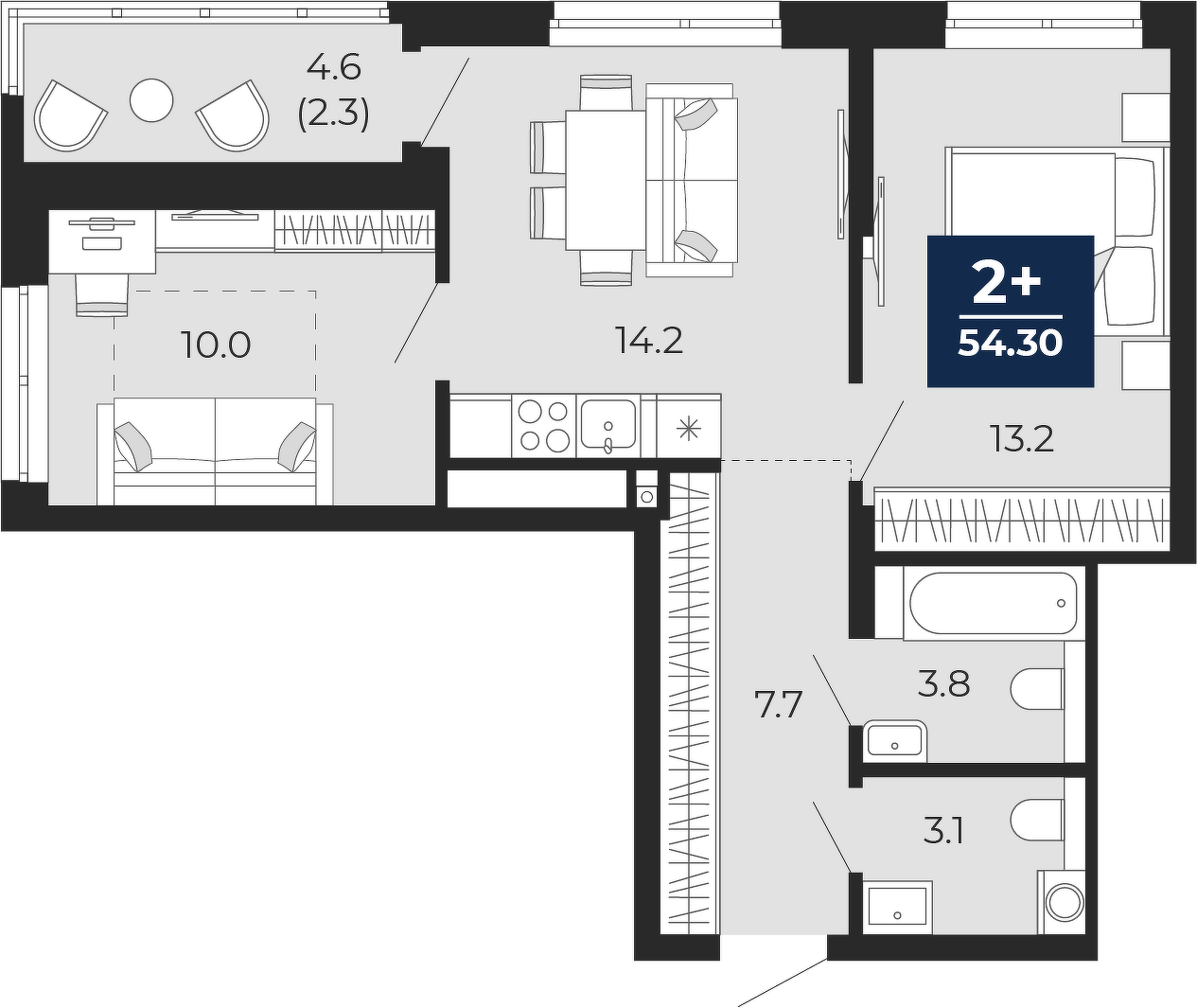 Планировка: Евротрешка 52 м² в ЖК Мириады, Мыс
