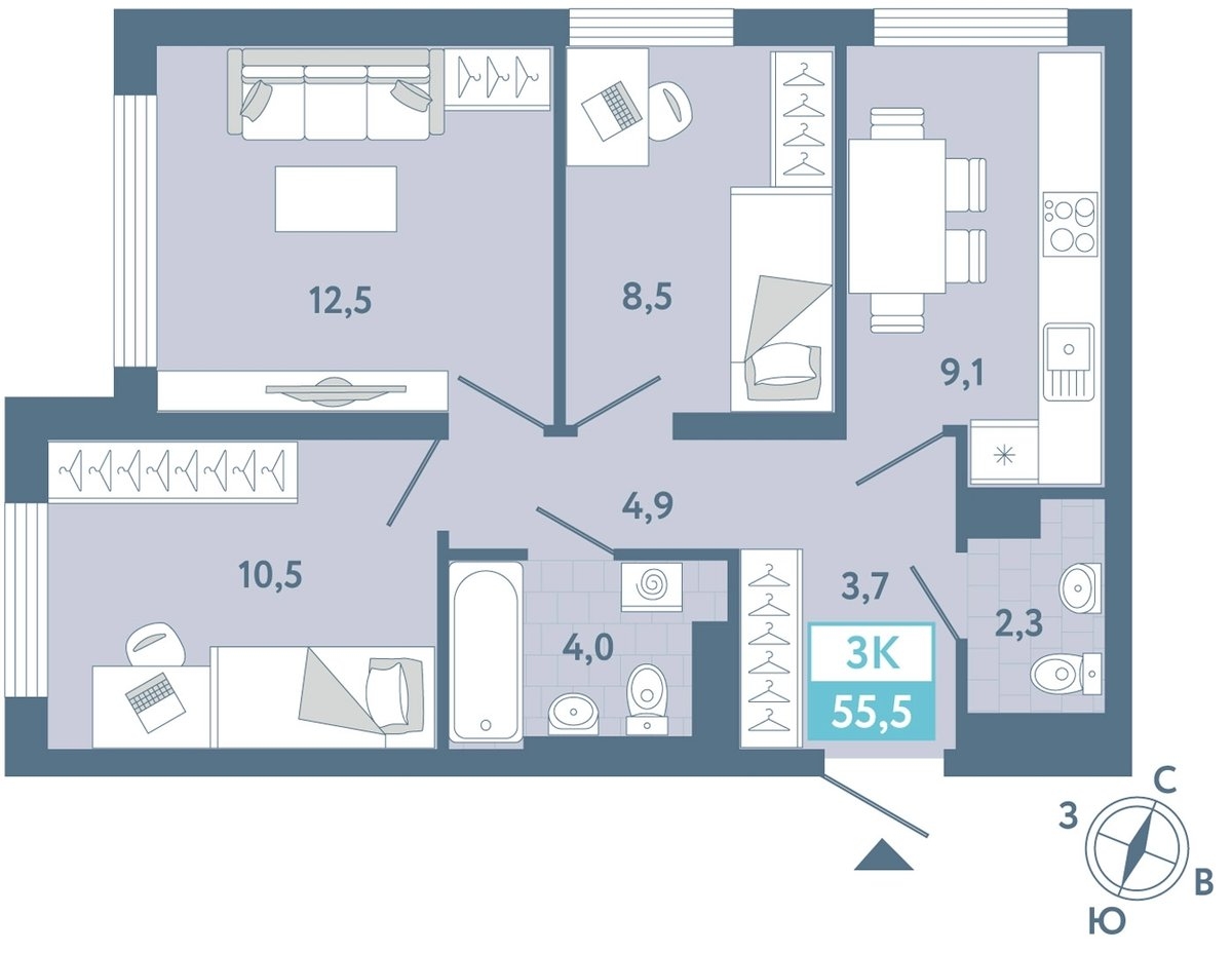 Планировка: Евротрешка 55.7 м² в ЖК AIRIS, Комарово Парк