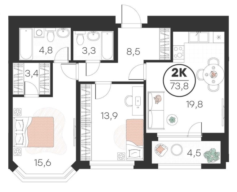 Планировка: Евротрешка 73.8 м² в ЖК Добро, 5-й Заречный