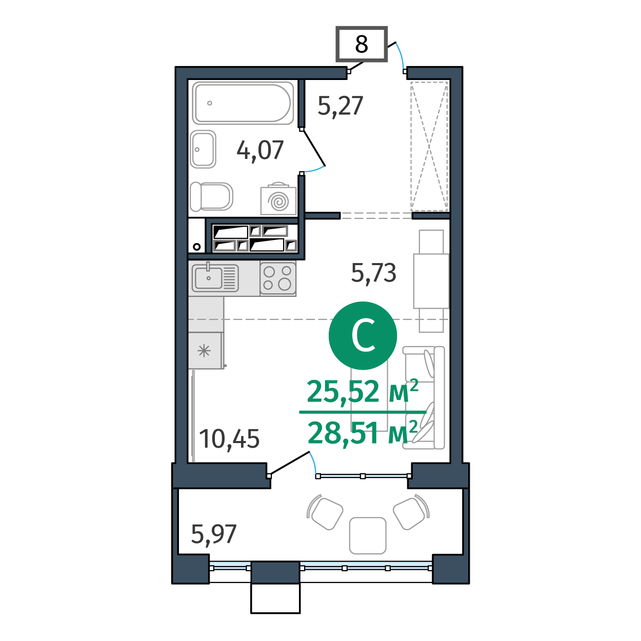 Планировка: Студия 25.5 м² в ЖК Этика, 5-й Заречный