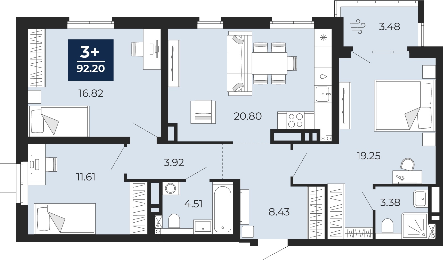 Планировка: 4-комнатная евро 88.7 м² в ЖК Прео, Тюменская слобода