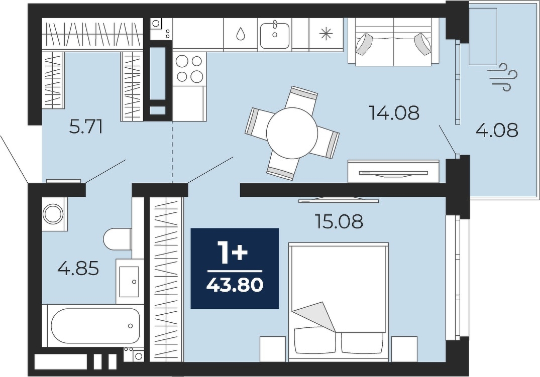 Планировка: Евродвушка 39.7 м² в ЖК Прео, Тюменская слобода