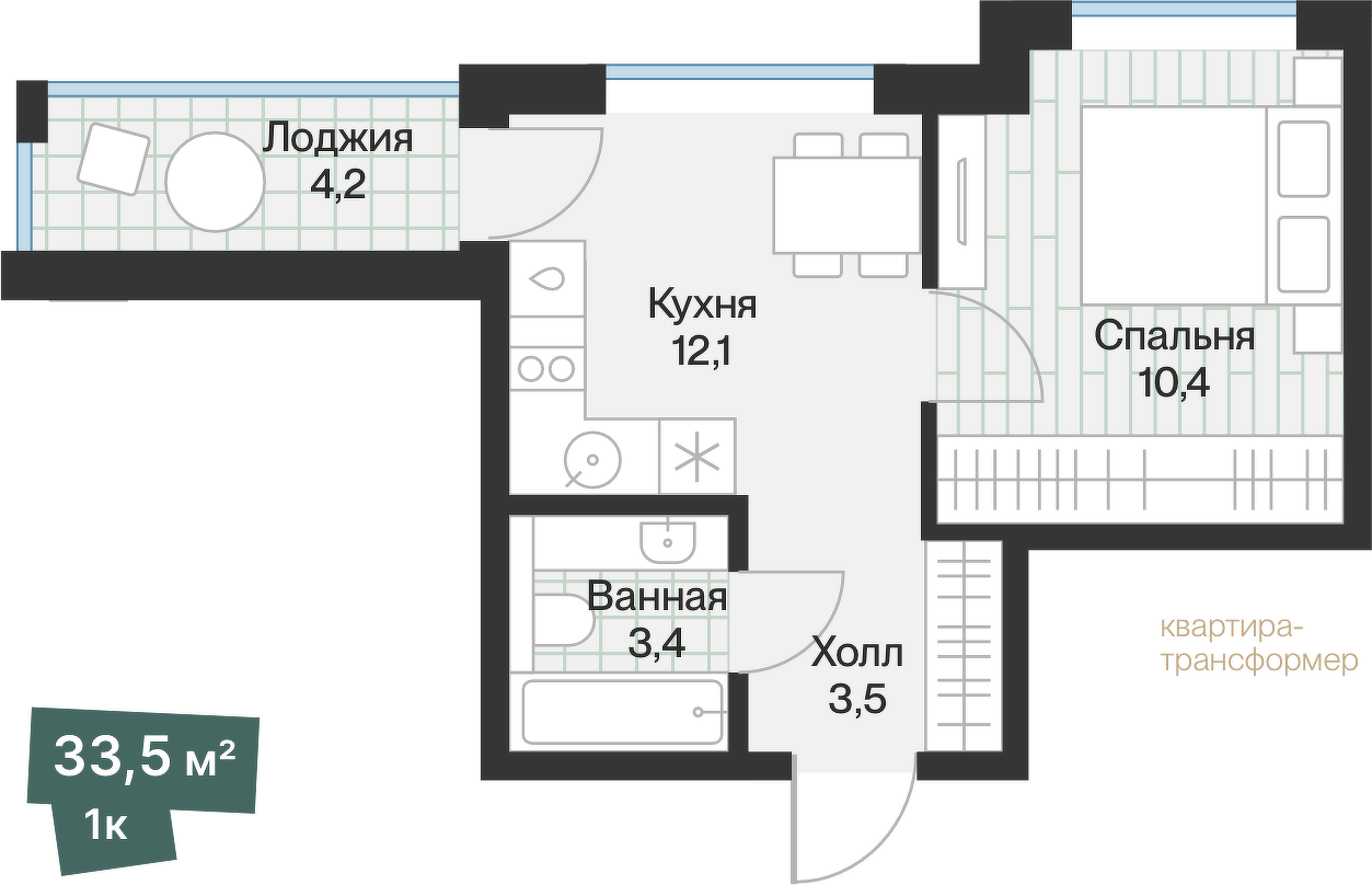 Планировка: 1-комнатная 31.4 м² в ЖК Эклипт, Рощино