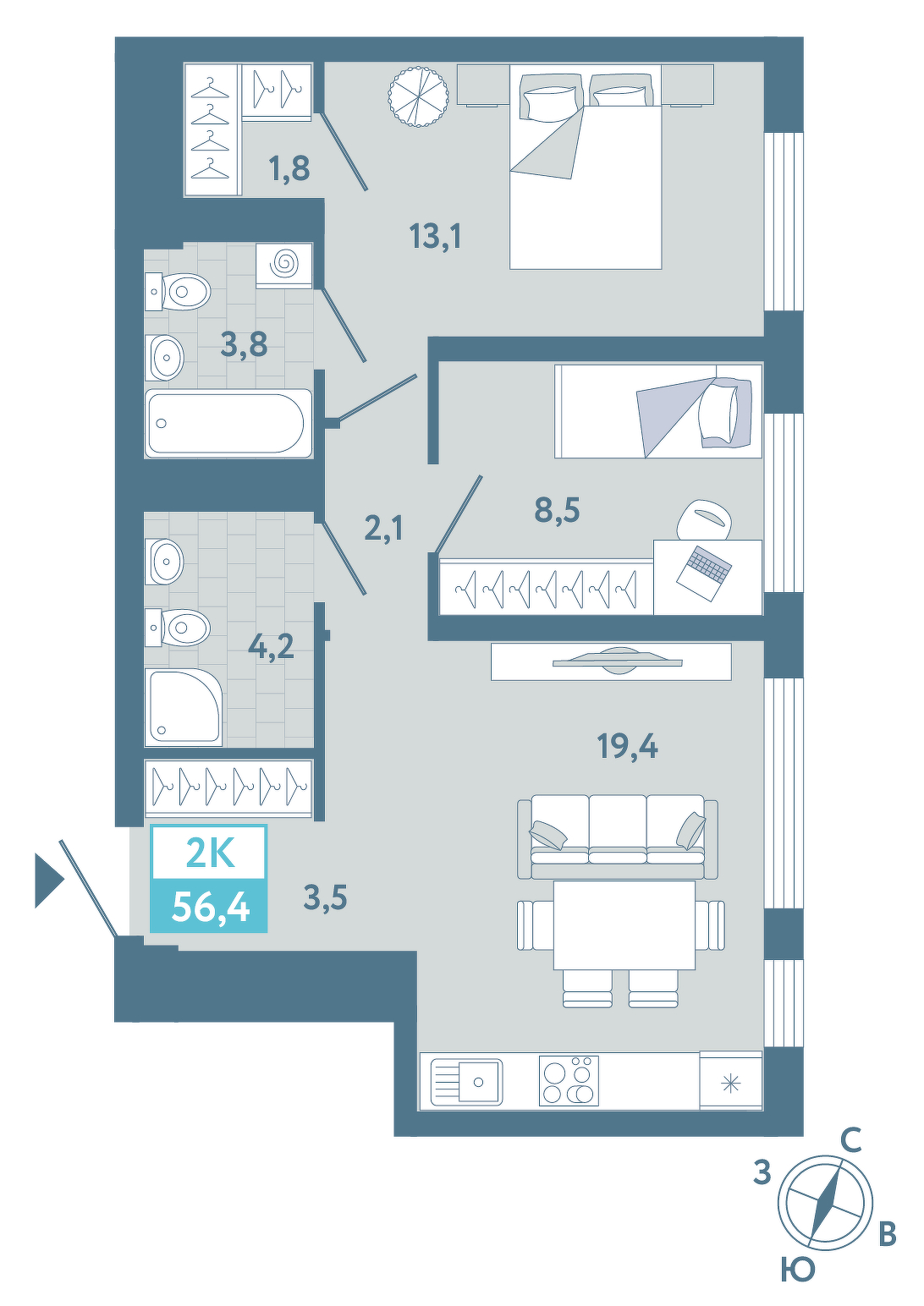 Планировка: Евротрешка 56.3 м² в ЖК AIRIS, Комарово Парк