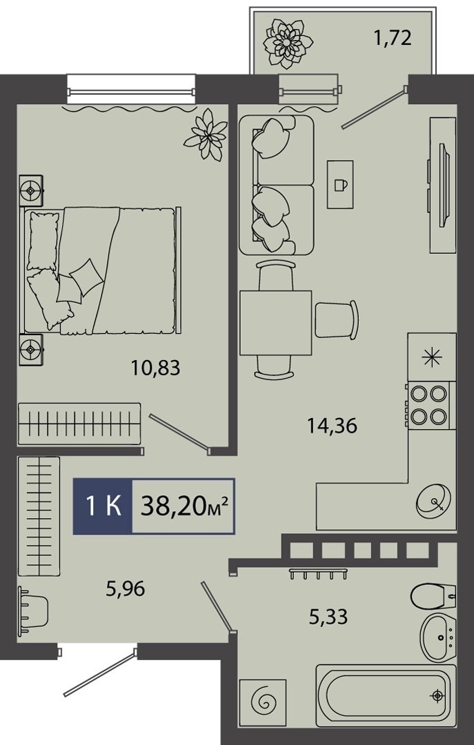 Планировка: Евродвушка 38.2 м² в ЖК Смородина, Мелиораторов