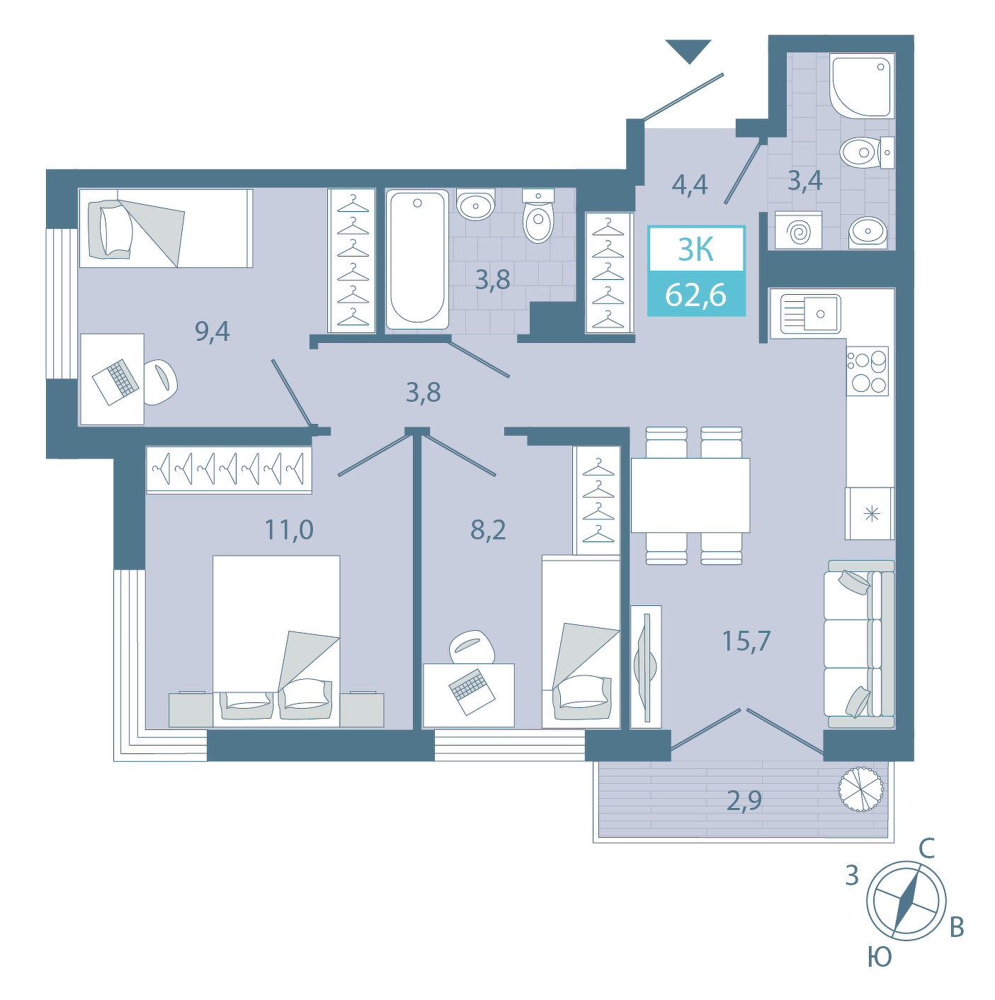 Планировка: 2-комнатная 63 м² в ЖК AIRIS, Комарово Парк