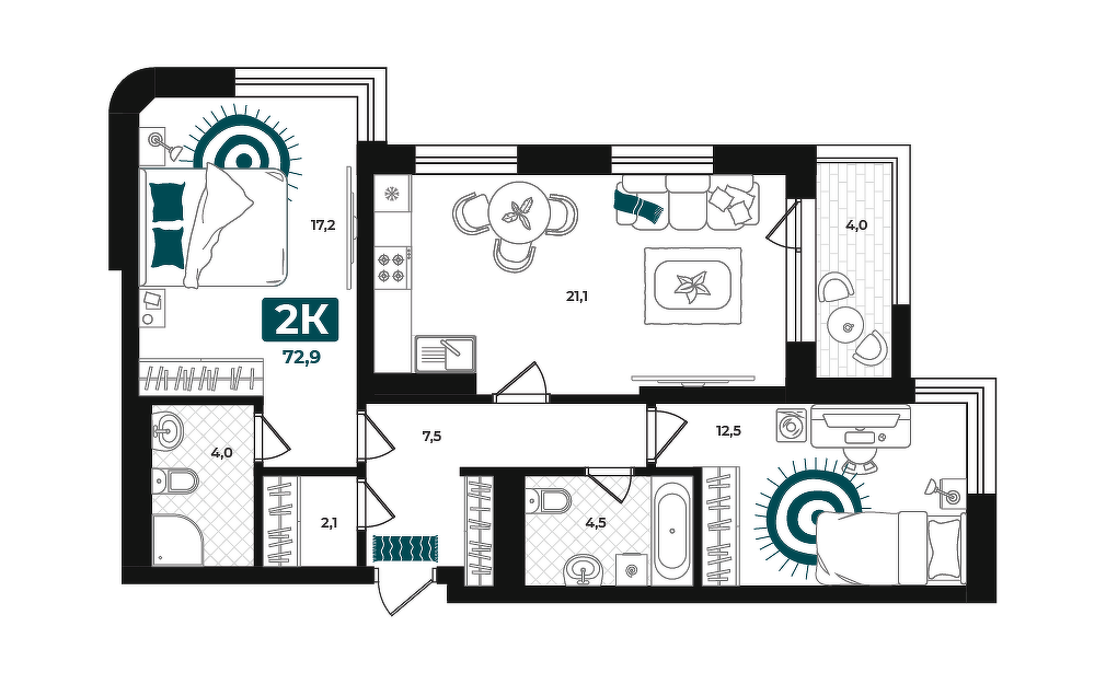 Планировка: Евротрешка 72.9 м² в ЖК Добро, 5-й Заречный