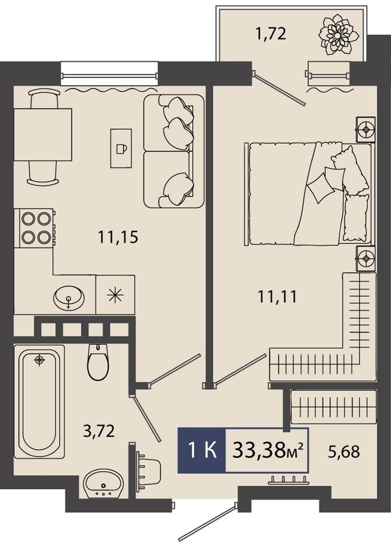 Планировка: 1-комнатная 33.4 м² в ЖК Смородина, Мелиораторов