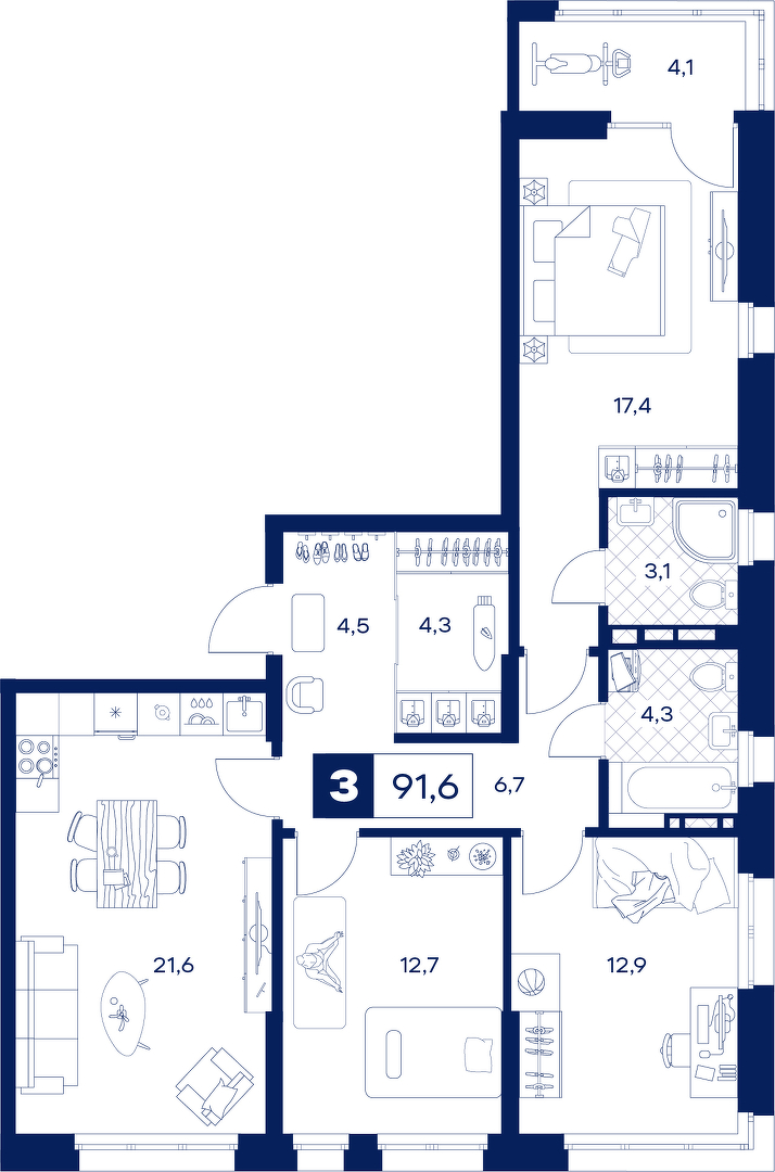 Планировка: 4-комнатная евро 91.6 м² в ЖК Дом Нойферта, Южный