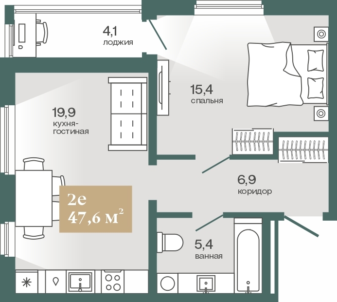 Планировка: Евродвушка 49.7 м² в ЖК Эклипт, Рощино