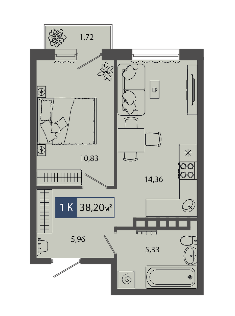 Планировка: Евродвушка 38.2 м² в ЖК Смородина, Мелиораторов