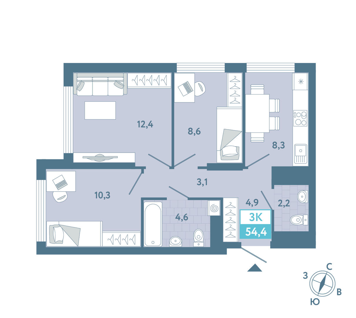 Планировка: 3-комнатная 54.4 м² в ЖК AIRIS, Комарово Парк
