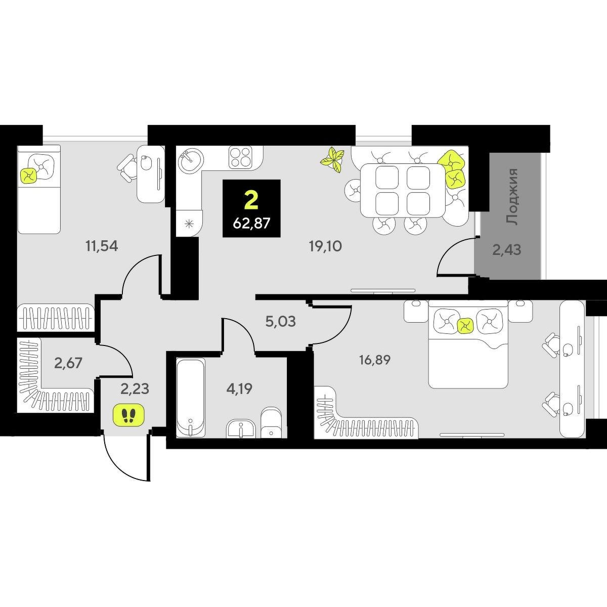 Планировка: Евротрешка 63.3 м² в ЖК Мотивы, От Плеханова до Южного