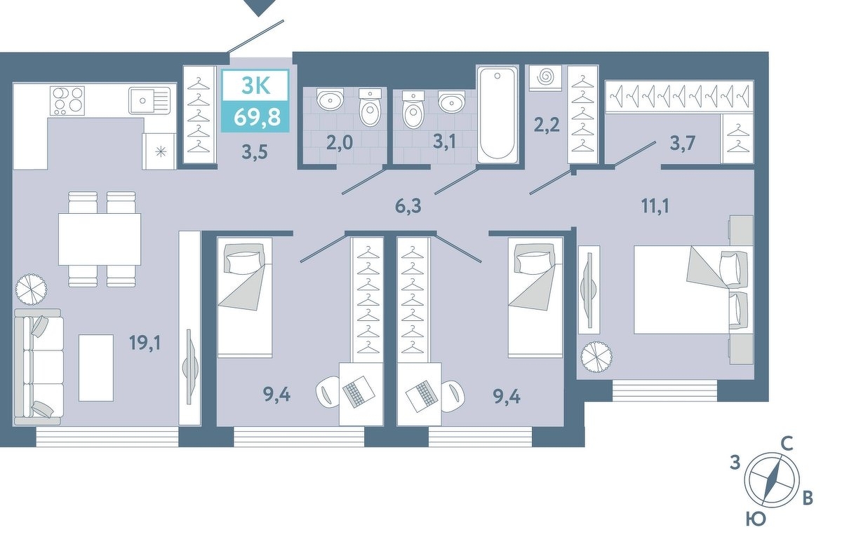 Планировка: 4-комнатная евро 69.8 м² в ЖК AIRIS, Комарово Парк