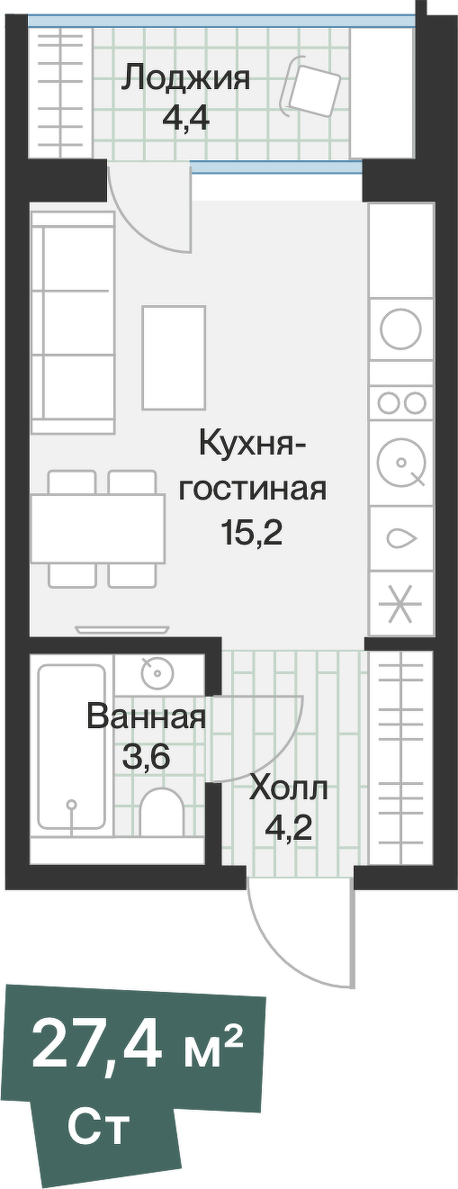 Планировка: Студия 25.2 м² в ЖК Эклипт, Рощино
