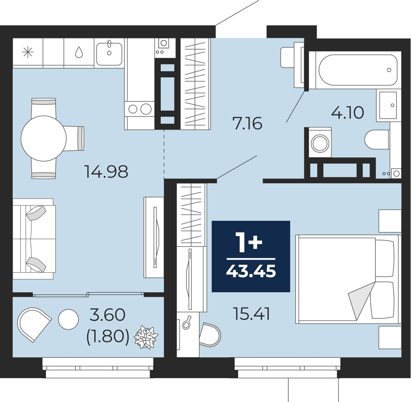Планировка: Евродвушка 41.6 м² в ЖК Прео, Тюменская слобода