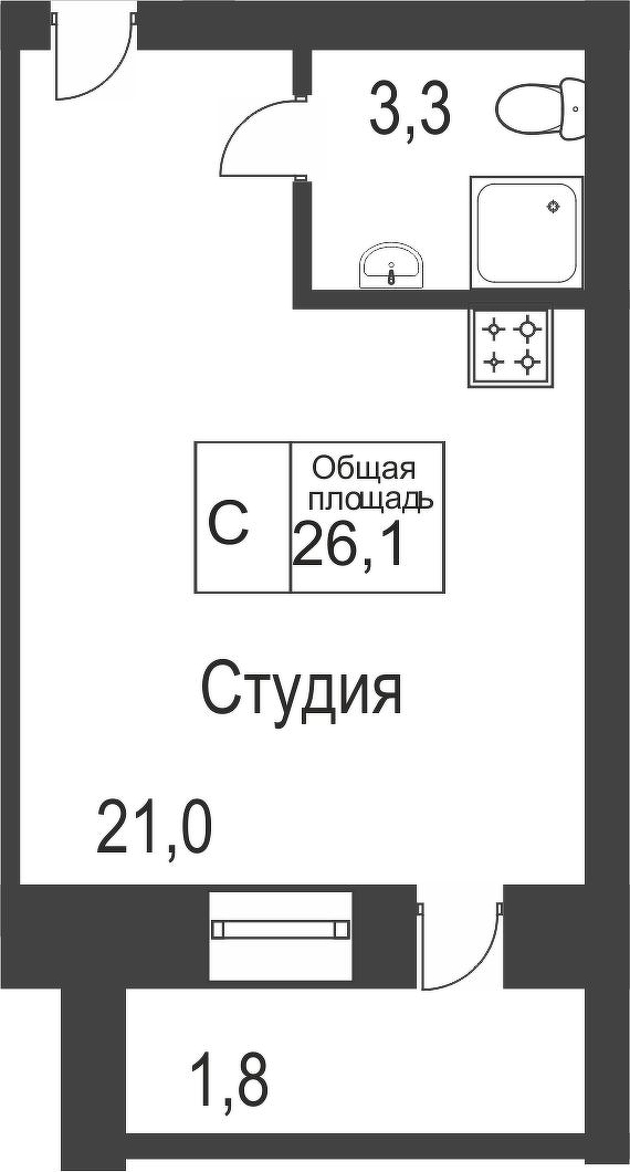 Планировка: Студия 24.3 м² в ЖК Роза ММС, ММС