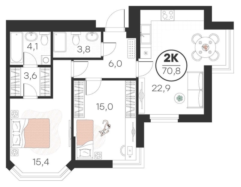 Планировка: Евротрешка 70.8 м² в ЖК Добро, 5-й Заречный