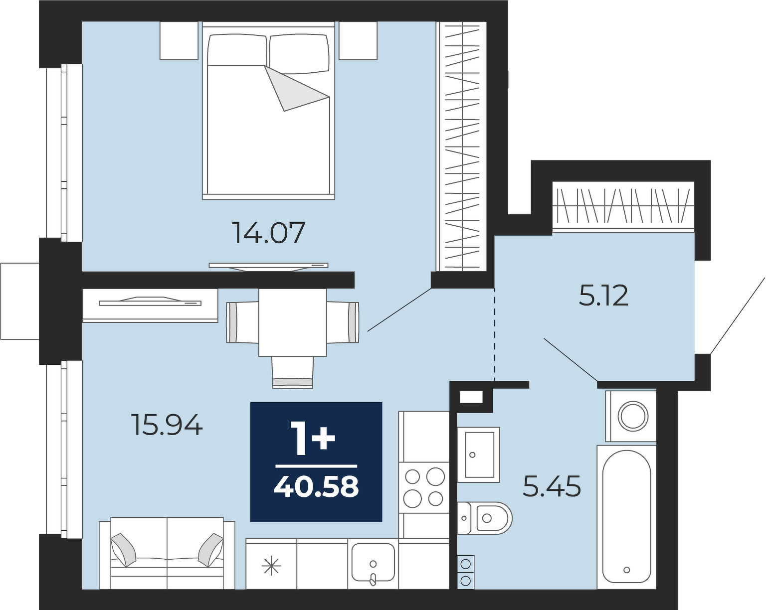 Планировка: Евродвушка 40.6 м² в ЖК Айвазовский, 5-й Заречный
