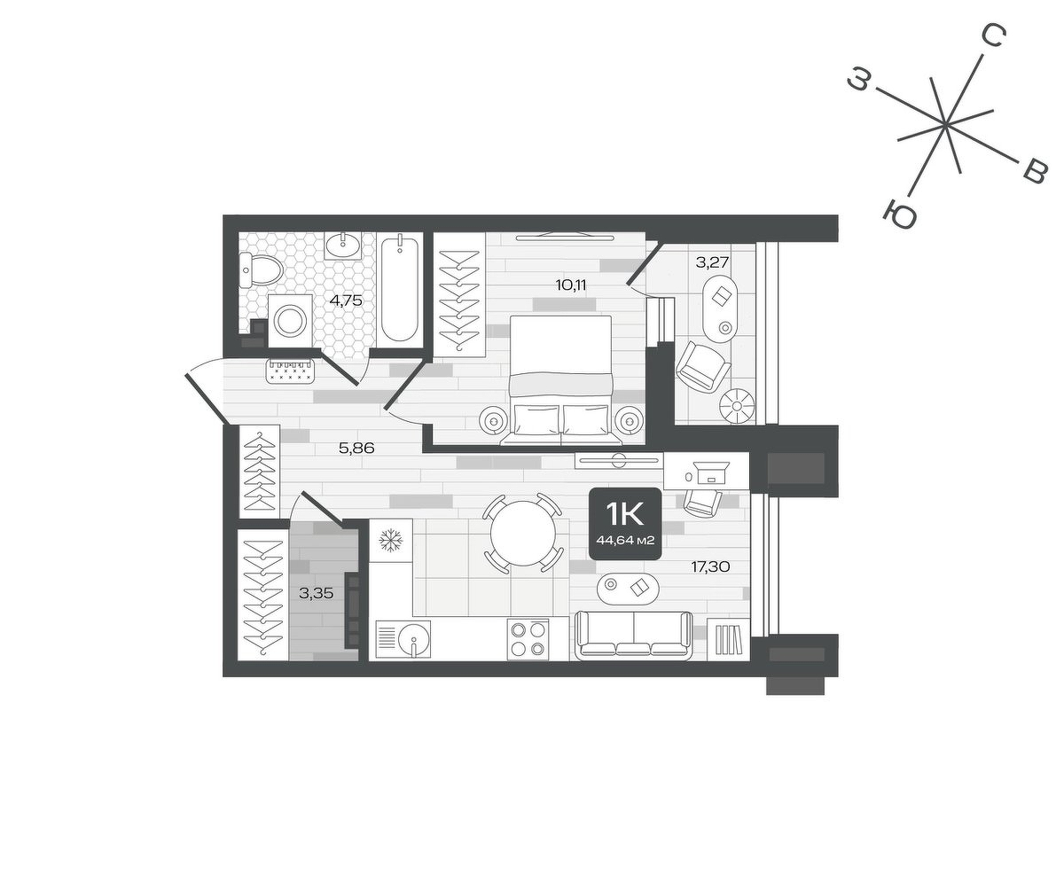 Планировка: Евродвушка 44.6 м² в ЖК Дабл-Дабл, От Слободы до Комарово парк