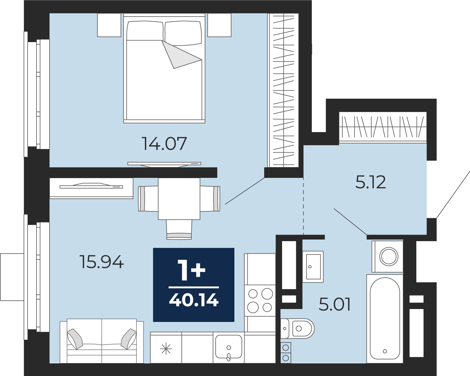 Планировка: Евродвушка 40.1 м² в ЖК Айвазовский, 5-й Заречный