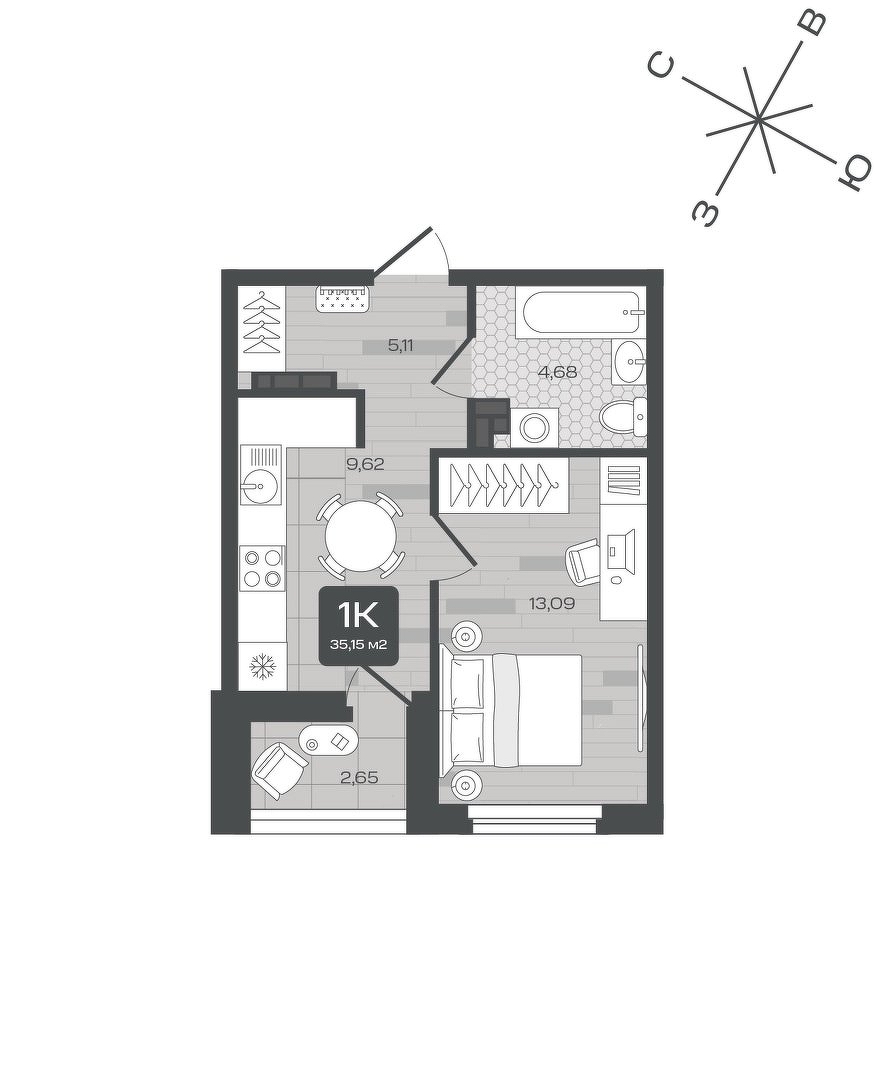 Планировка: 1-комнатная 35.1 м² в ЖК Дабл-Дабл, От Слободы до Комарово парк
