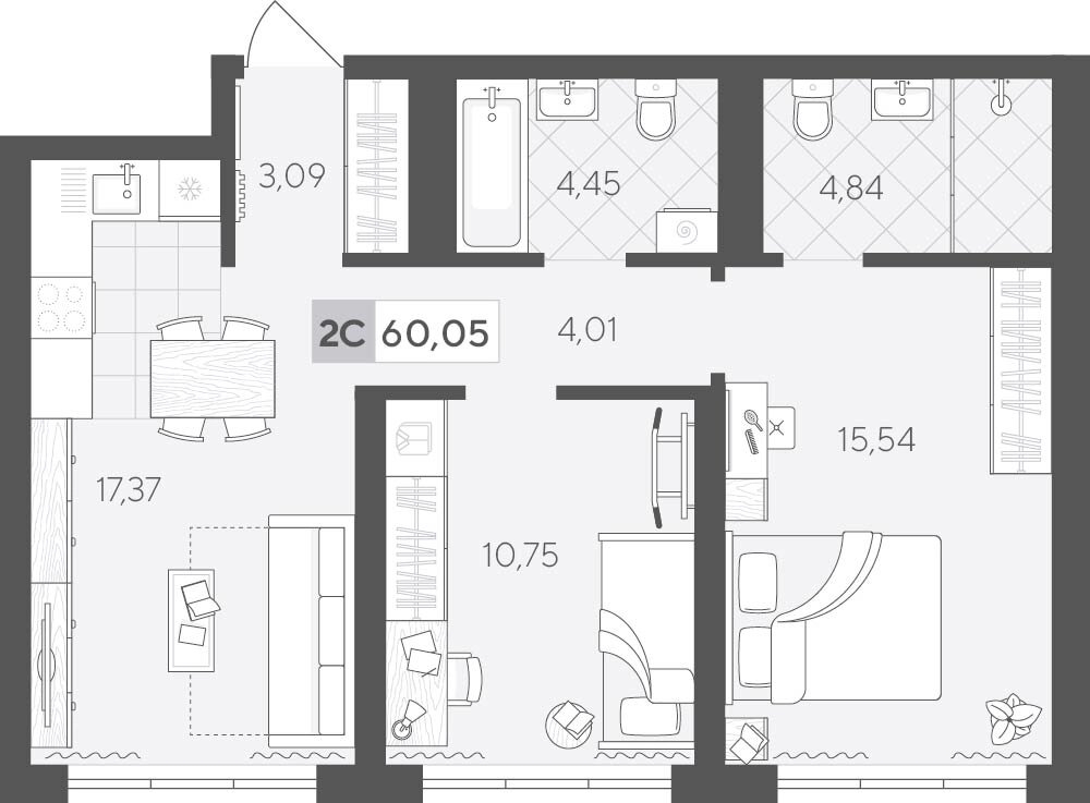 Планировка: Евротрешка 60 м² в ЖК Скандиа. Квартал у Леса, Комарово Парк