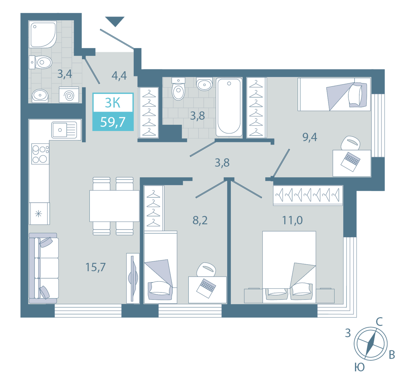 Планировка: 2-комнатная 60.2 м² в ЖК AIRIS, Комарово Парк
