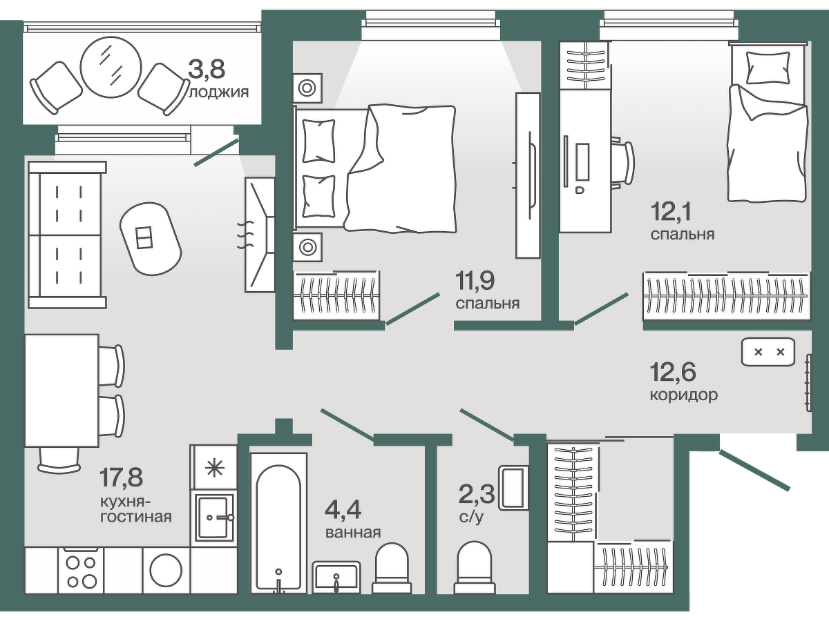 Планировка: Евротрешка 63.2 м² в ЖК Эклипт, Рощино