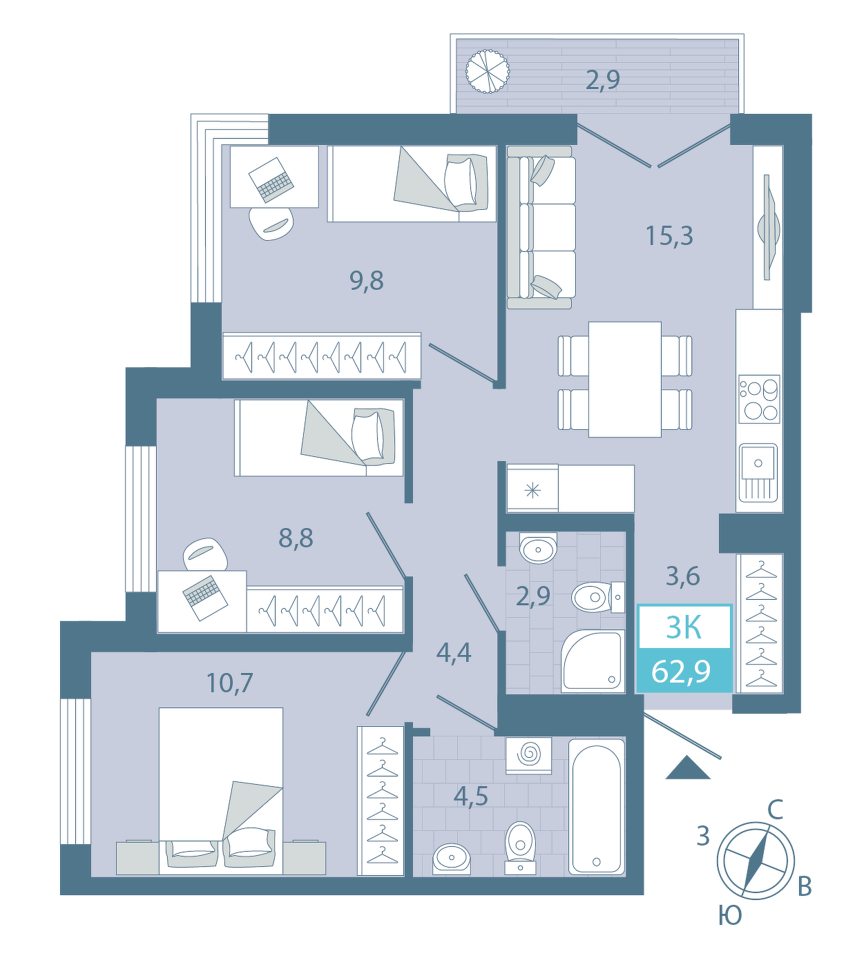 Планировка: 2-комнатная 63.3 м² в ЖК AIRIS, Комарово Парк