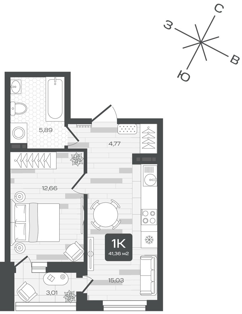 Планировка: Евродвушка 41.4 м² в ЖК Дабл-Дабл, От Слободы до Комарово парк