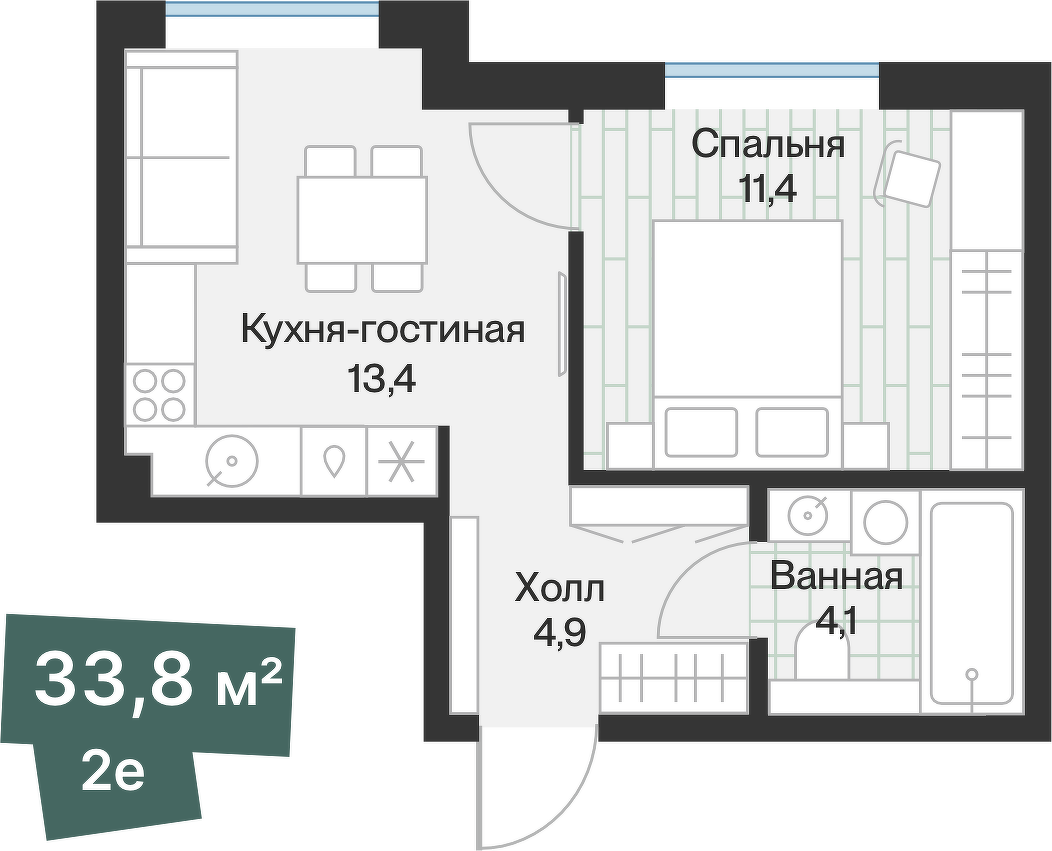 Планировка: Евродвушка 33.8 м² в ЖК Эклипт, Рощино