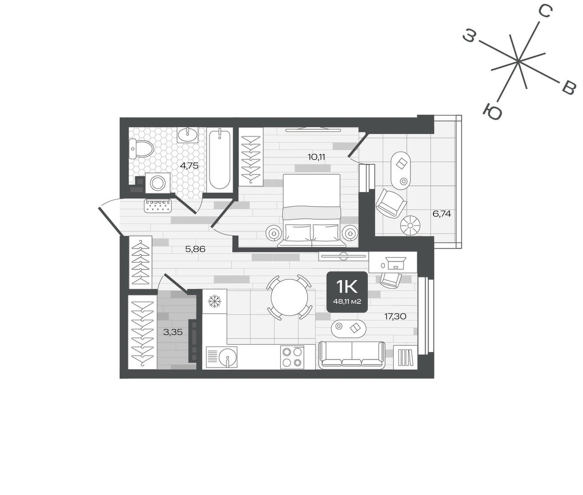 Планировка: 1-комнатная 48.1 м² в ЖК Дабл-Дабл, От Слободы до Комарово парк