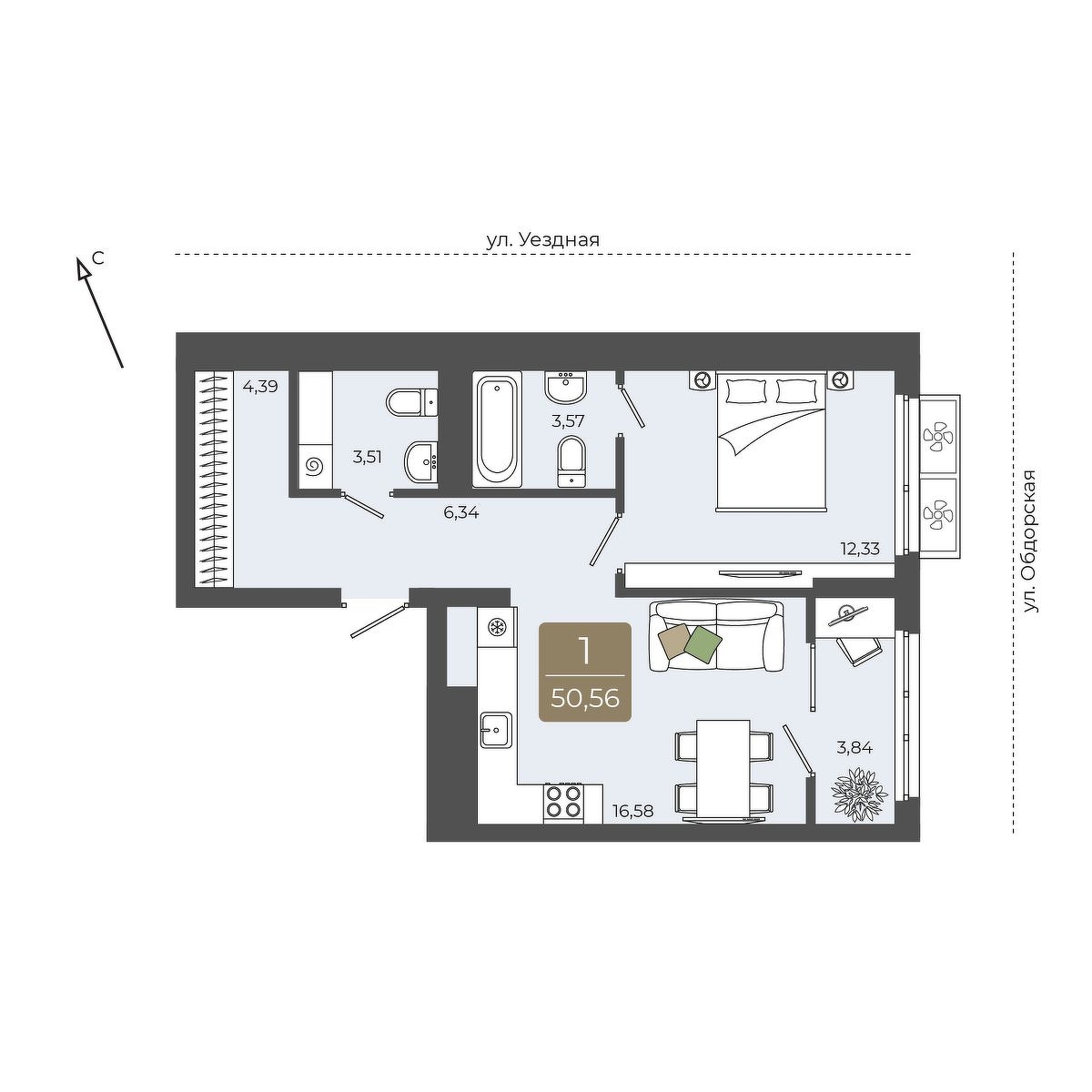 Планировка: Евродвушка 50.6 м² в ЖК Мидгард на Уездной, Тюменская слобода
