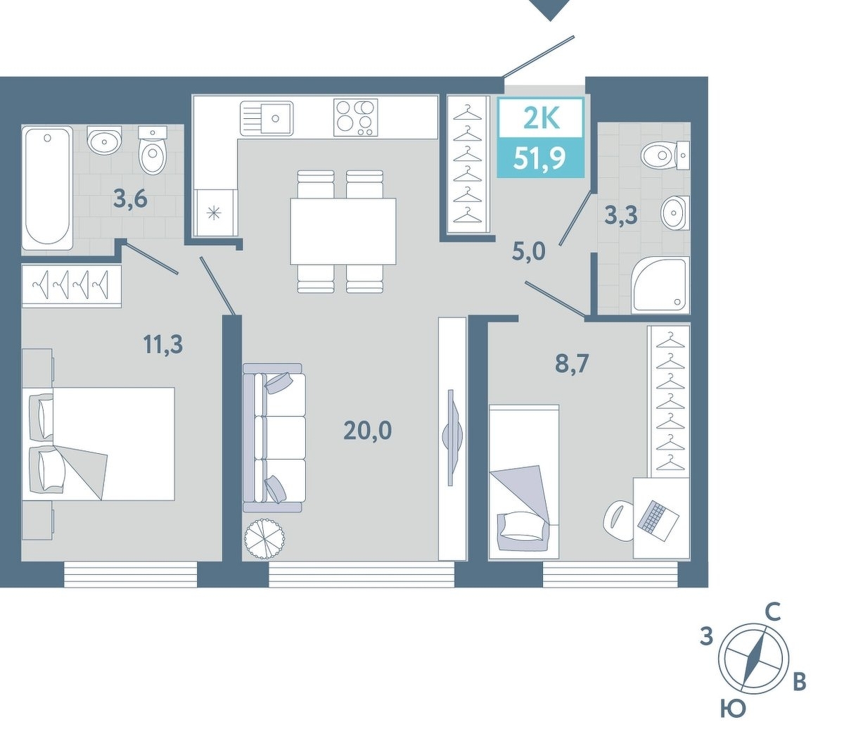 Планировка: Формат уточняется 51.9 м² в ЖК AIRIS, Комарово Парк