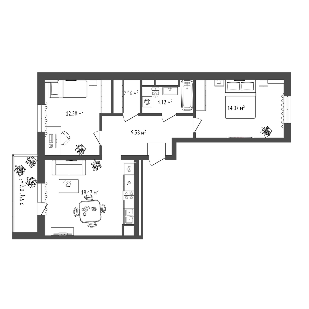 Планировка: Евротрешка 63.7 м² в ЖК Сосновый, Область