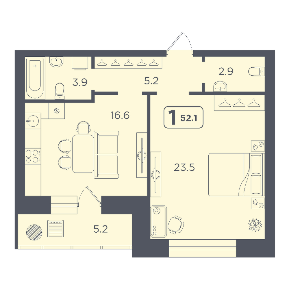 Планировка: Евродвушка 52.1 м² в ЖК Квартал перемен, Центр: КПД