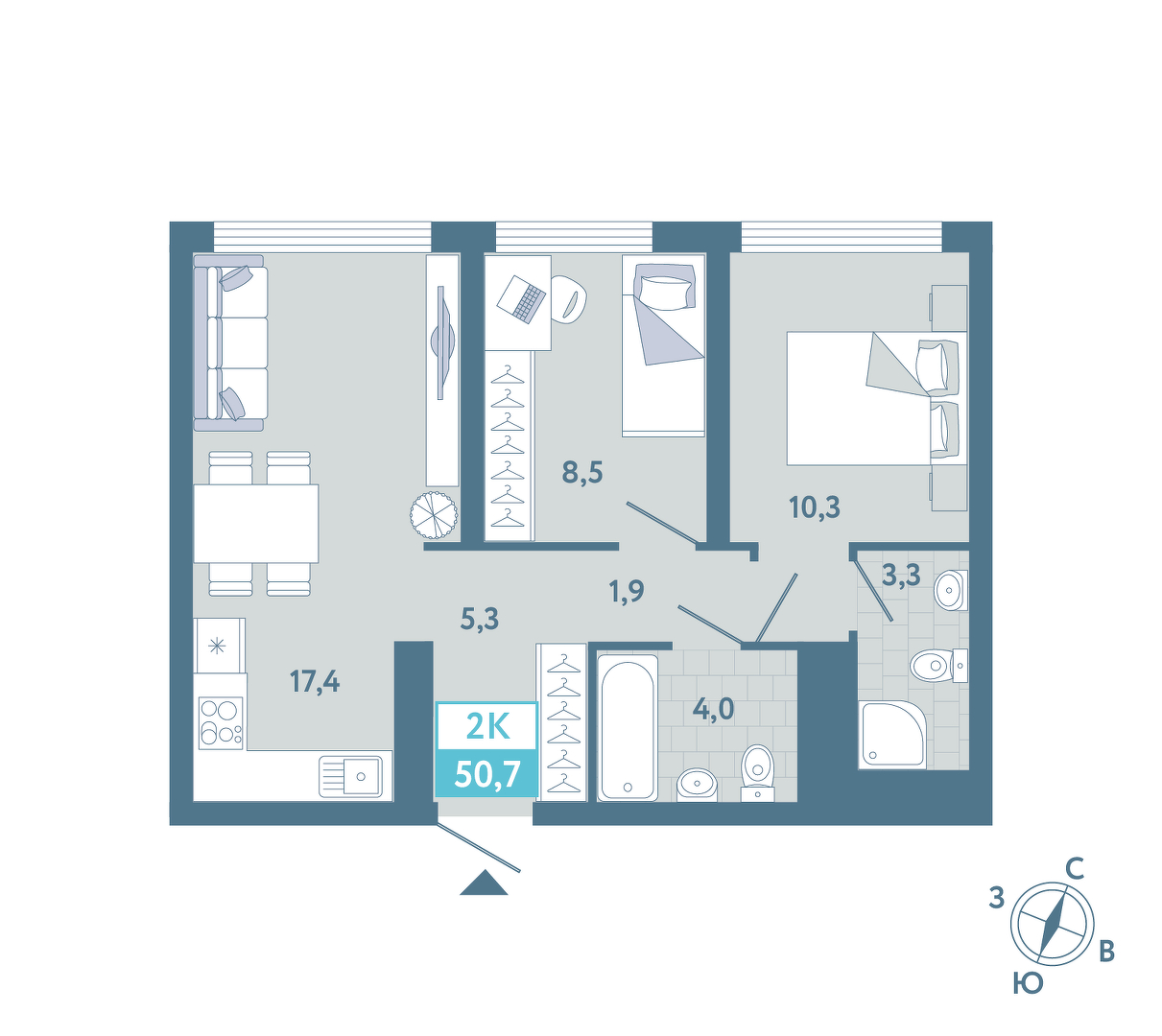 Планировка: Евротрешка 50.7 м² в ЖК AIRIS, Комарово Парк