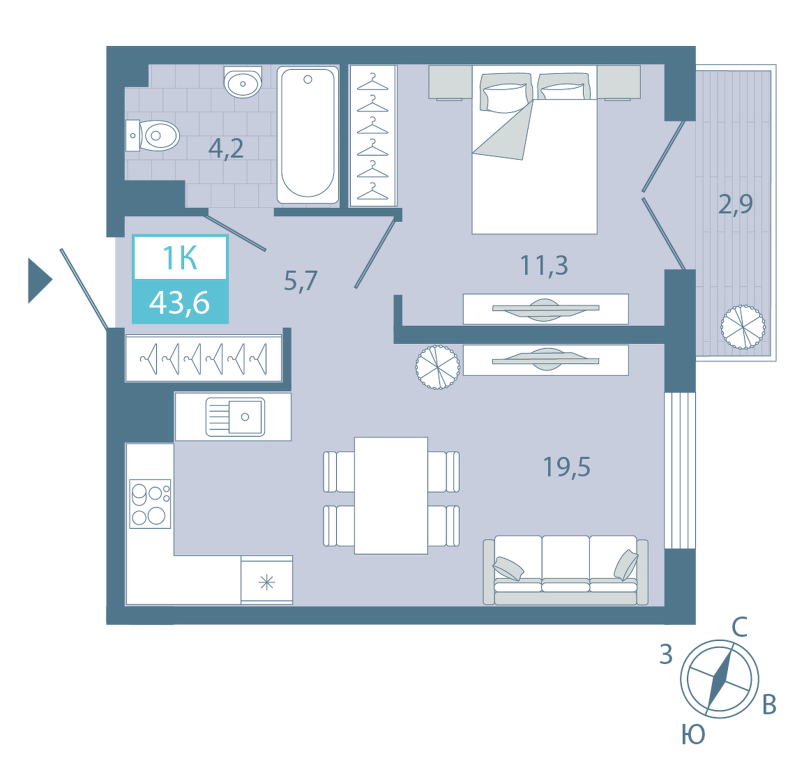 Планировка: 1-комнатная 43.7 м² в ЖК AIRIS, Комарово Парк