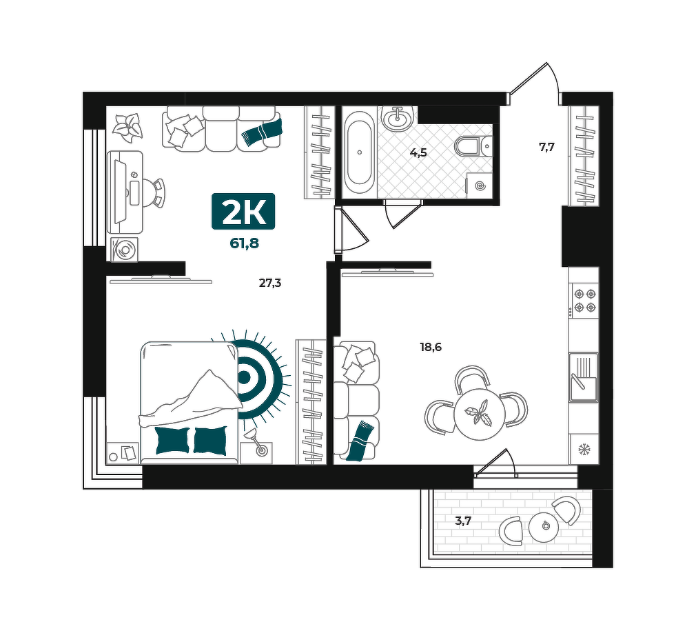 Планировка: Евротрешка 61.8 м² в ЖК Добро, 5-й Заречный