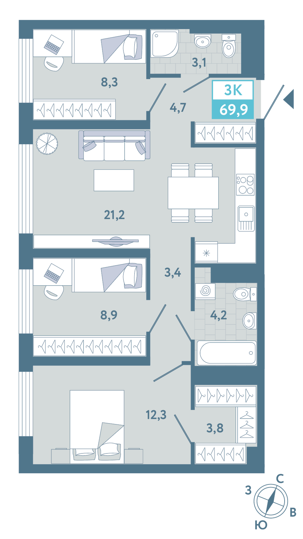 Планировка: 4-комнатная евро 70.2 м² в ЖК AIRIS, Комарово Парк