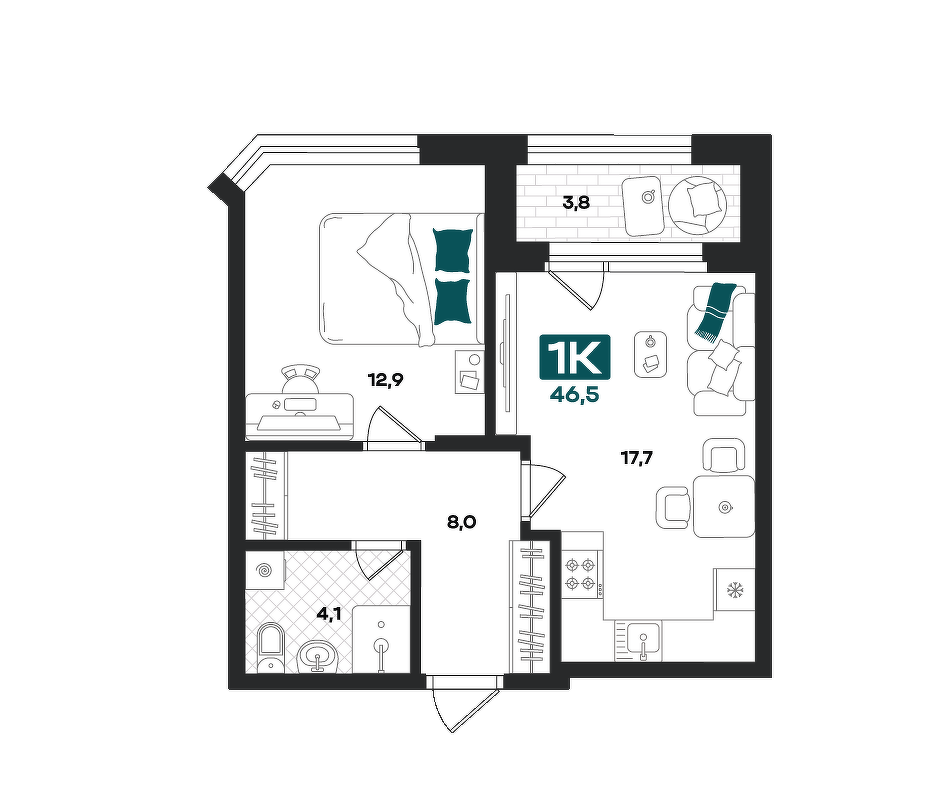 Планировка: Евродвушка 46.5 м² в ЖК Добро, 5-й Заречный